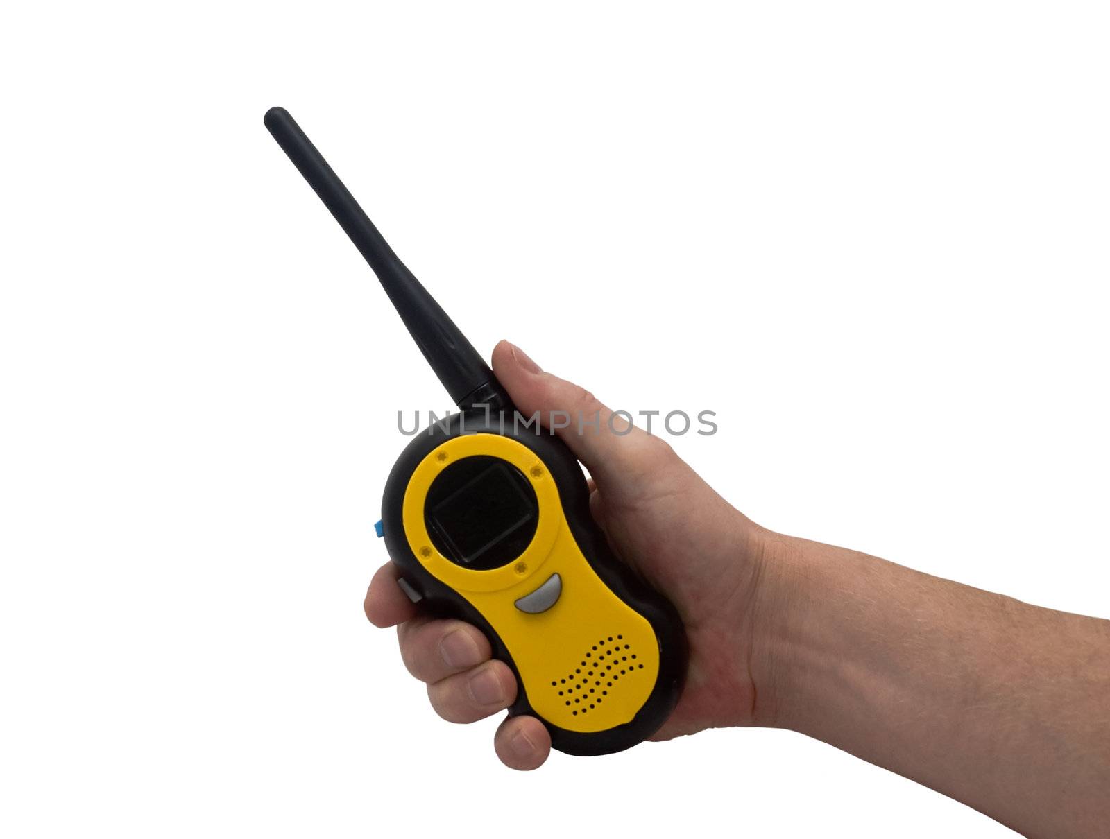 an isolated over white caucasian man's hand holding and pressing a button on a walkie talkie / 2 way radio.