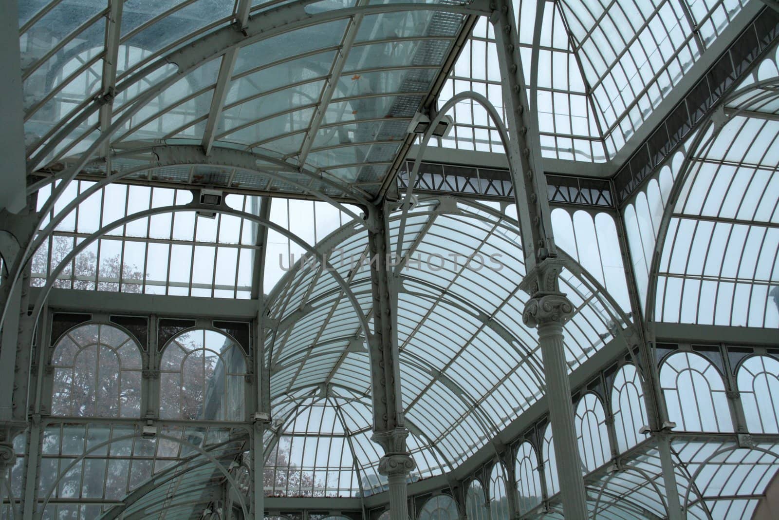 Winter view on the premises of Glass Palace in the Retiro Gardens in Madrid.