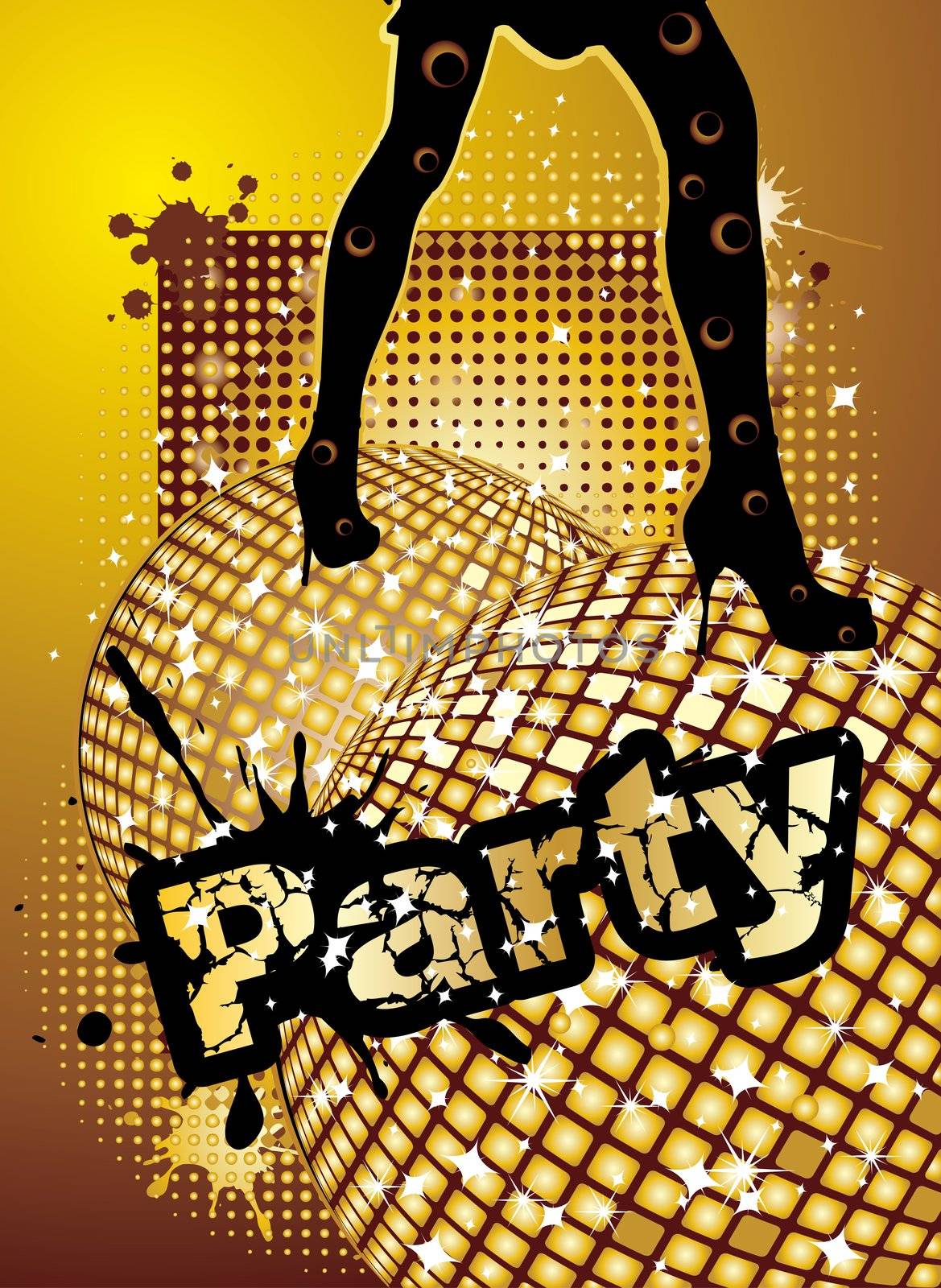 Party background with big disco ball and woman legs on top, illustration