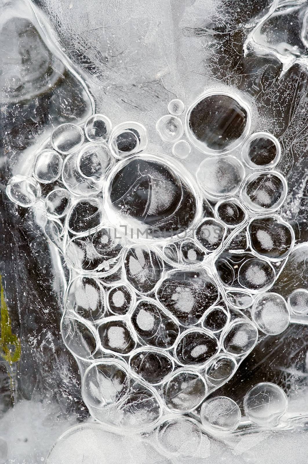 Close-up of the texture of ice with air bubbles