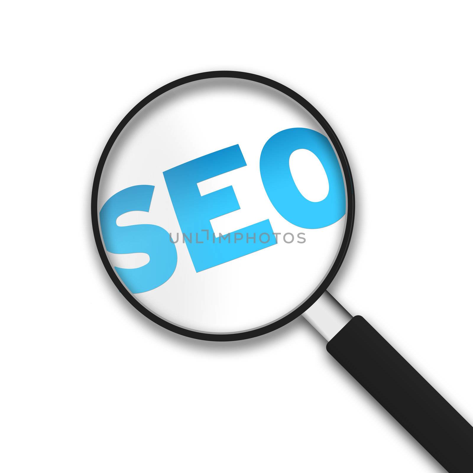 Magnifying Glass with the word SEO on white background.