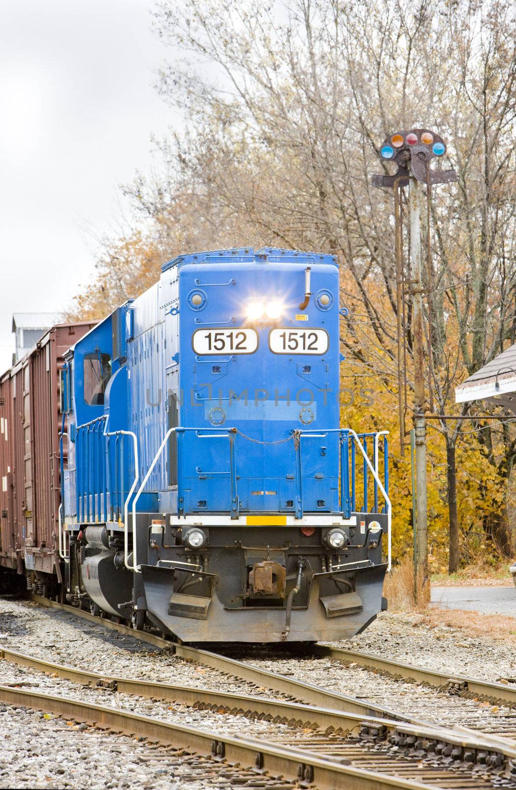 train with motor locomotive, South Paris, Maine, USA by phbcz