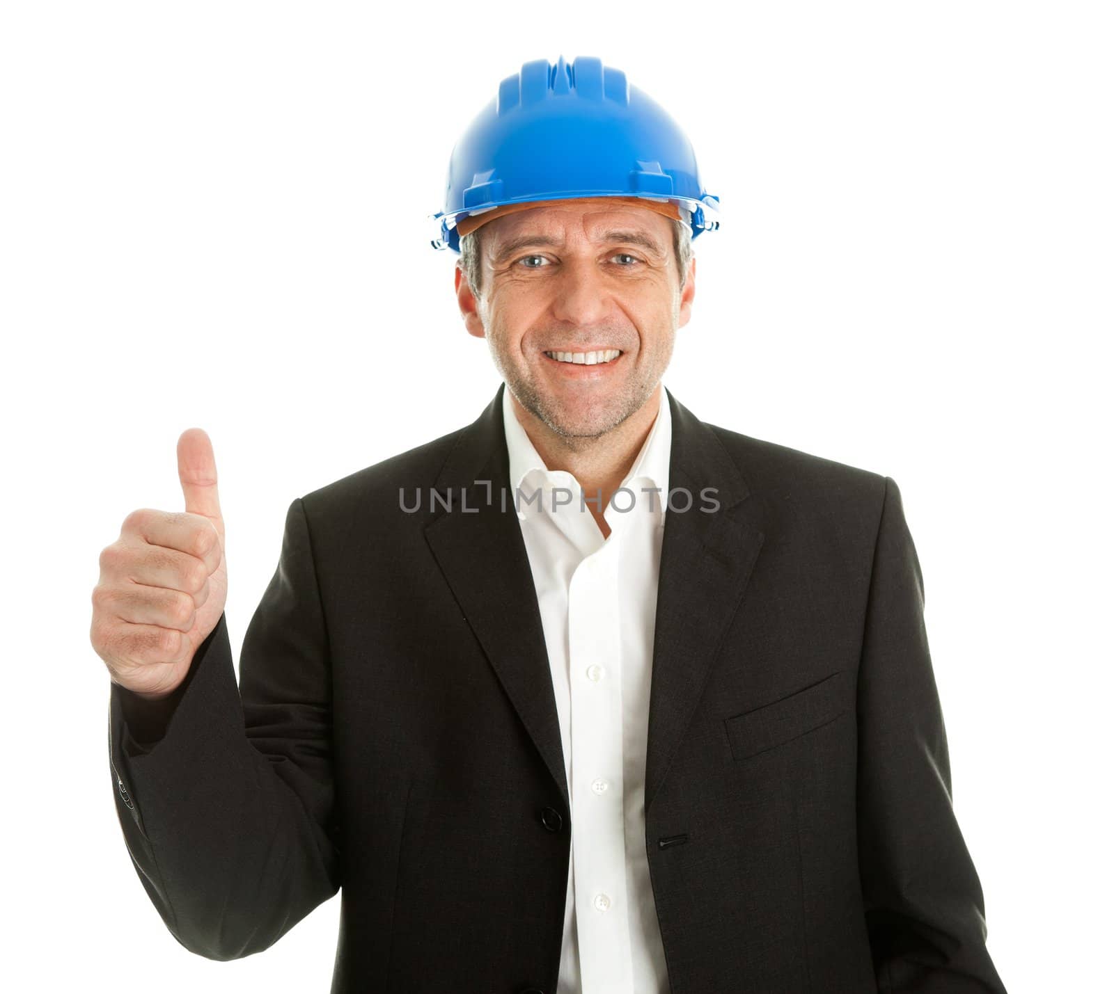 Portrait of successfull architect wearing blue hard hat. Isolated on white