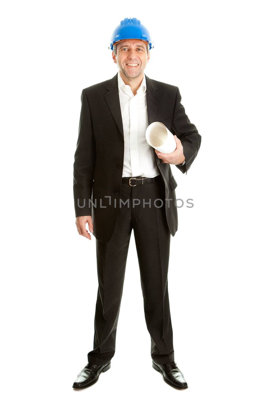 Full length portrait of successfull architect wearing blue hard hat and holding blueprints. Isolated on white