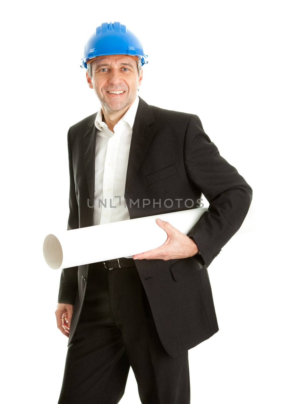 Portrait of successfull architect wearing blue hard hat and holding blueprints. Isolated on white
