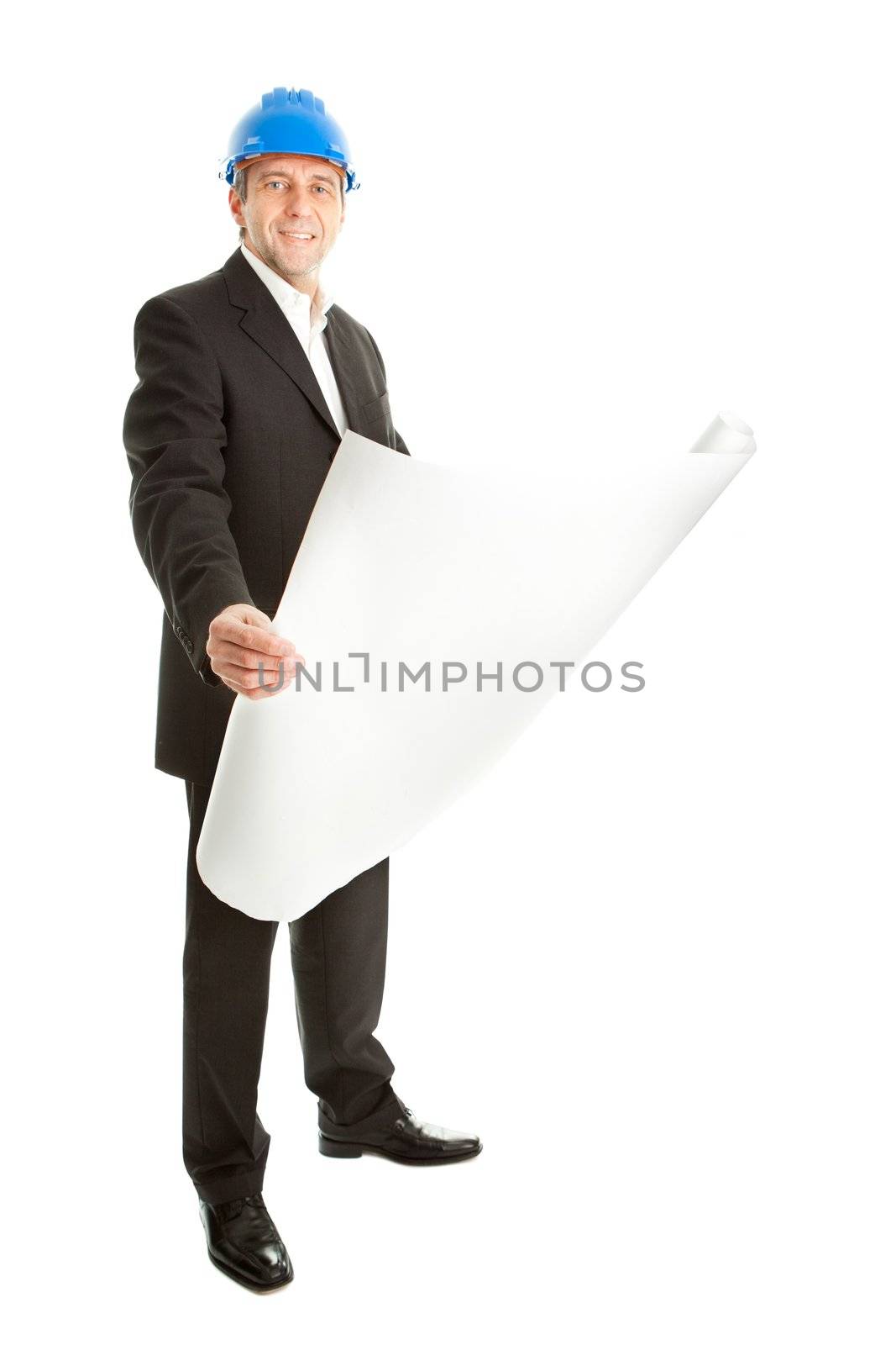 Portrait of architect wearing blue hard hat and holding blueprints. Isolated on white