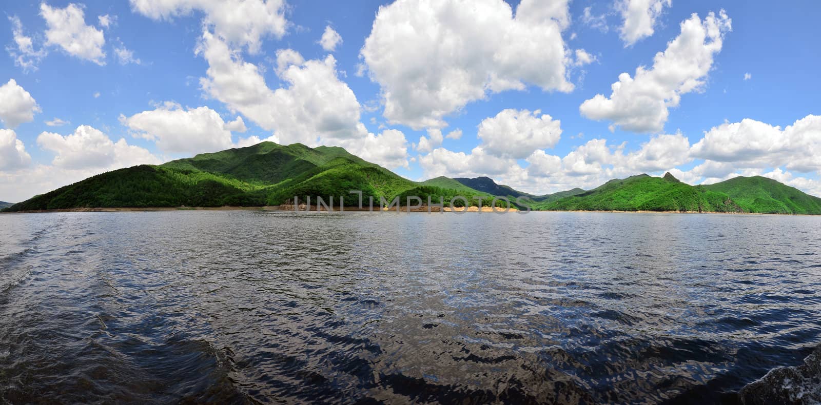 Songhua lake national park and lake in north China. Jilin province. panoramic wide angle view.