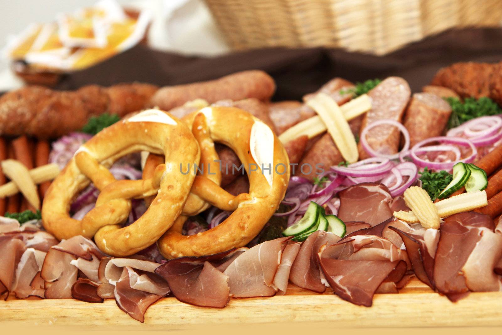 parma ham with vegetables and salad at the buffet -close-up