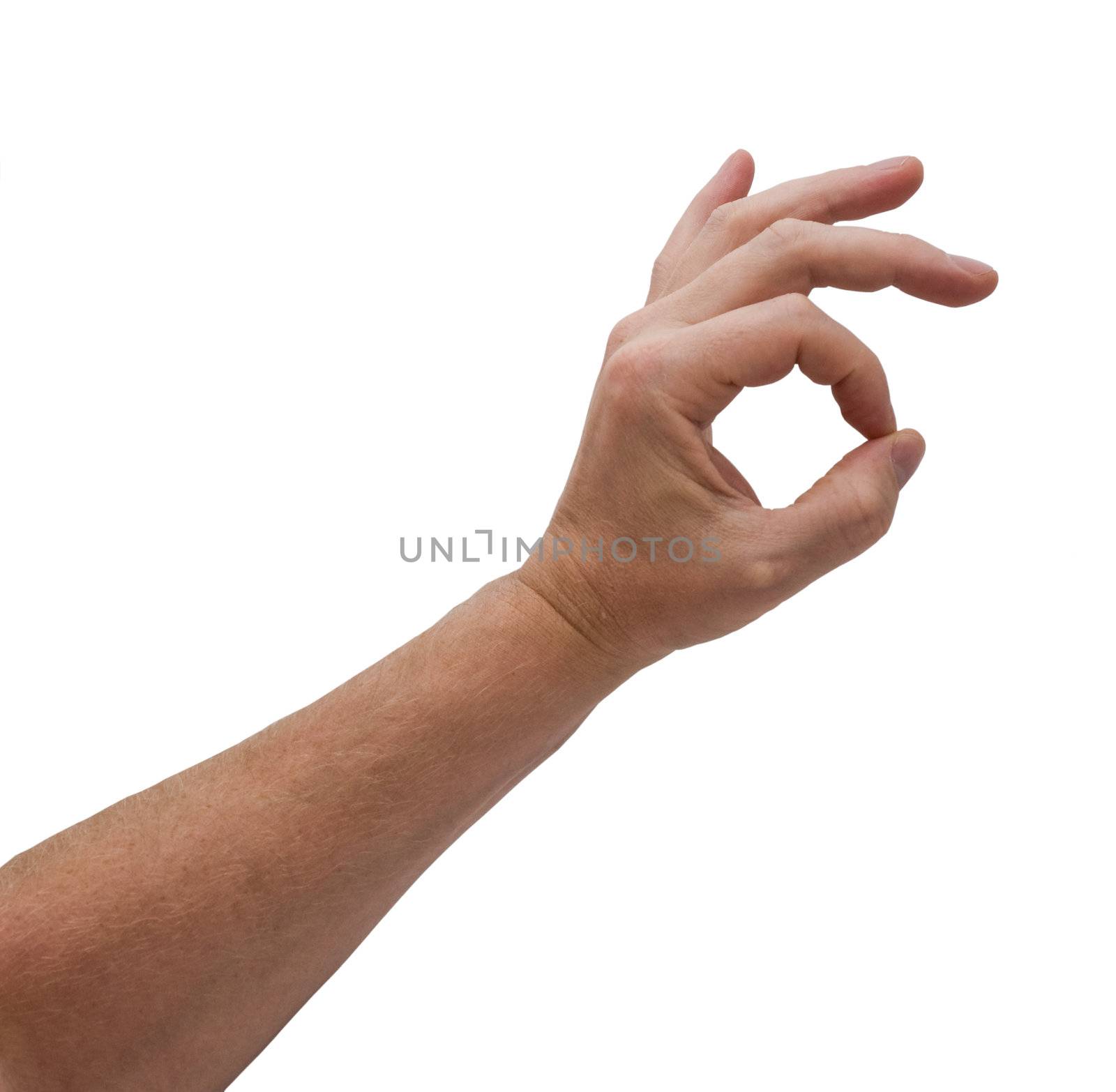 an isolated over white caucasian man's hand in the world known signal for OK, fine etc 