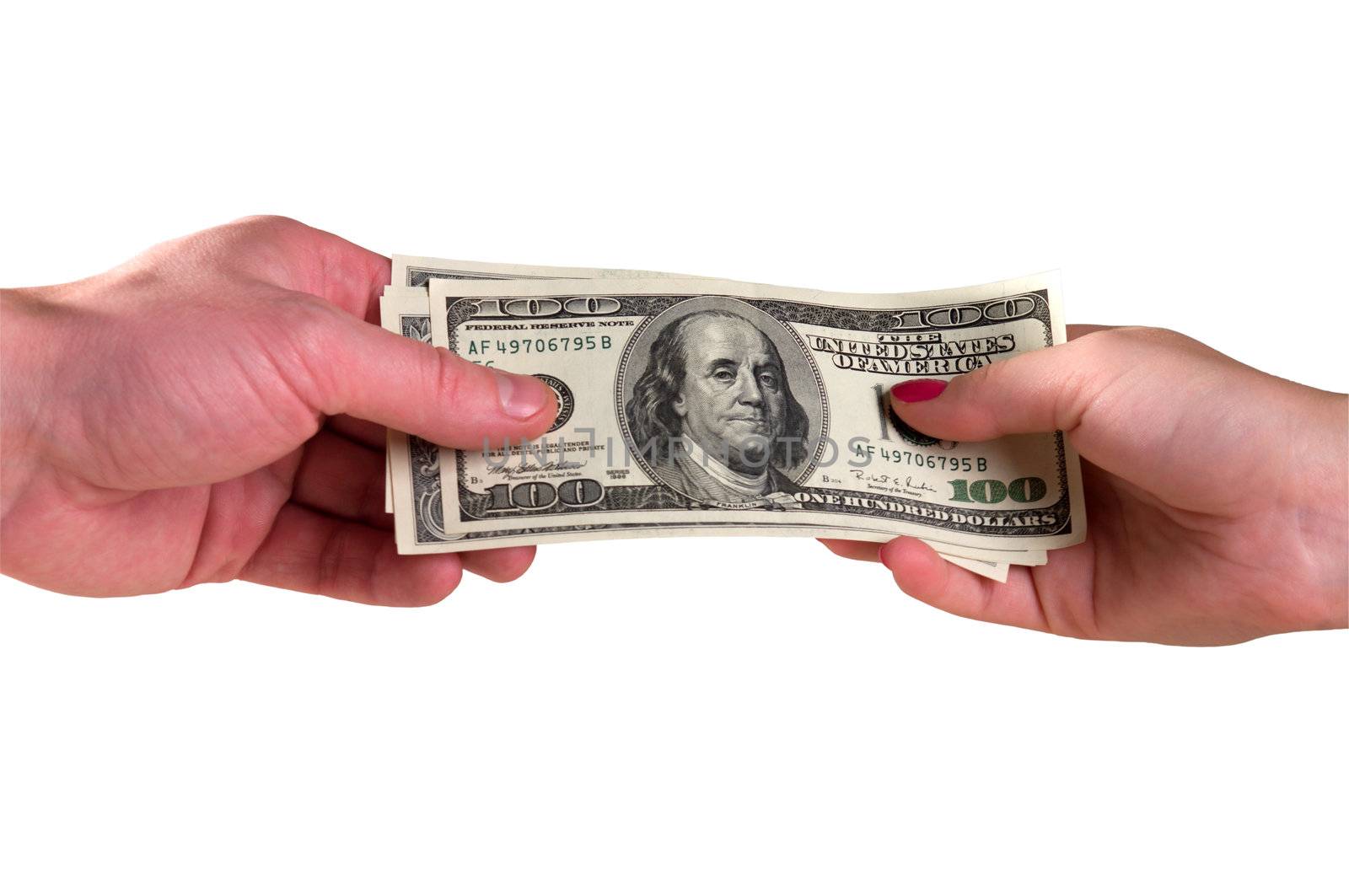 Man's and female hands hold dollars, is isolated a white background.