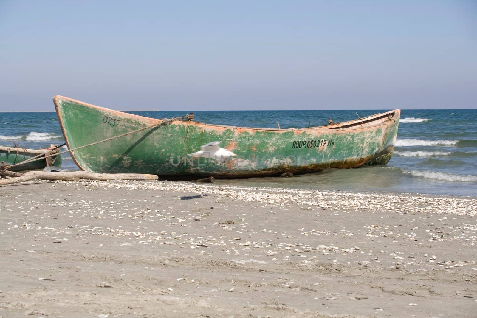 green boat on the beach
