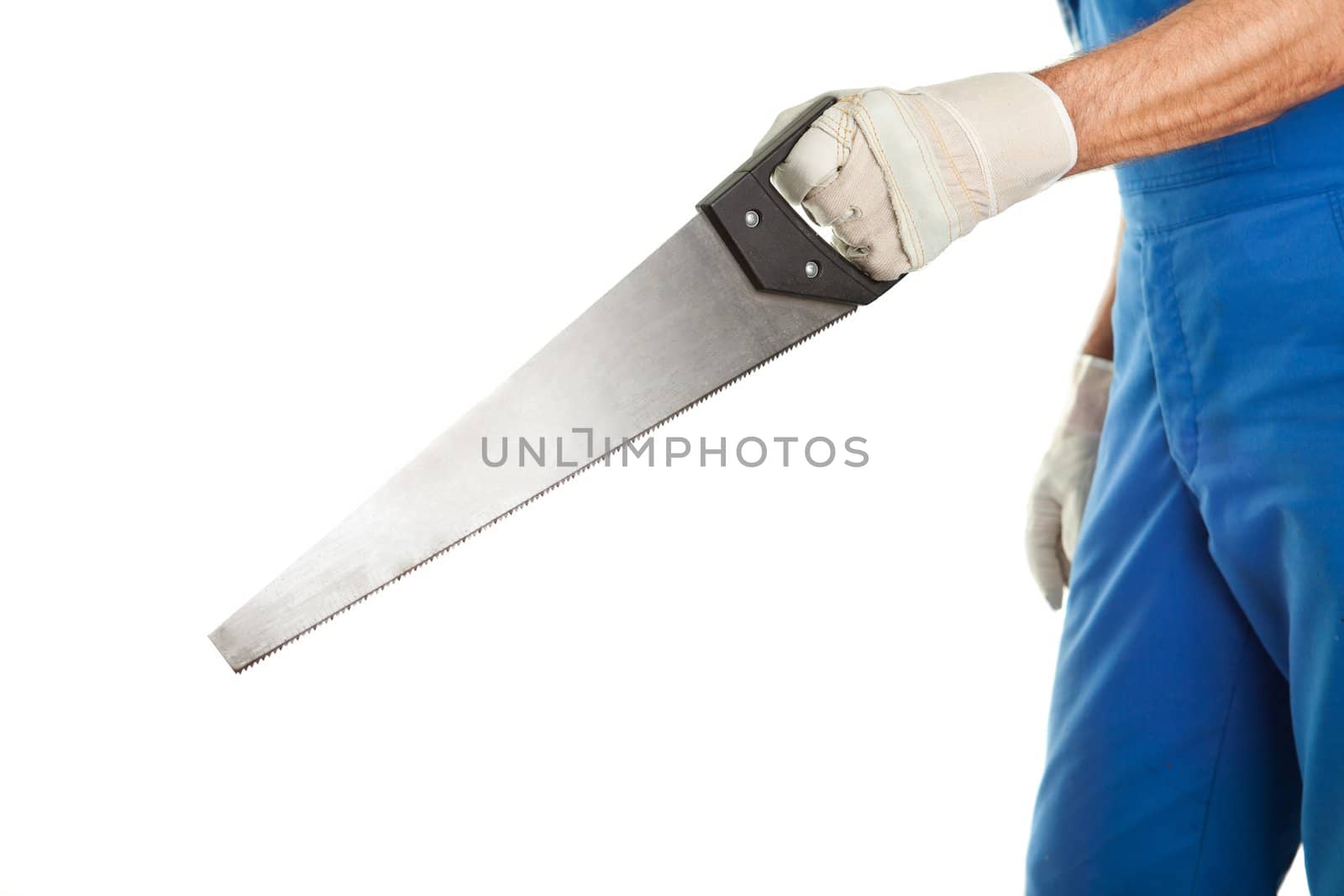 Close-up of worker cutting with saw. Isolated on white