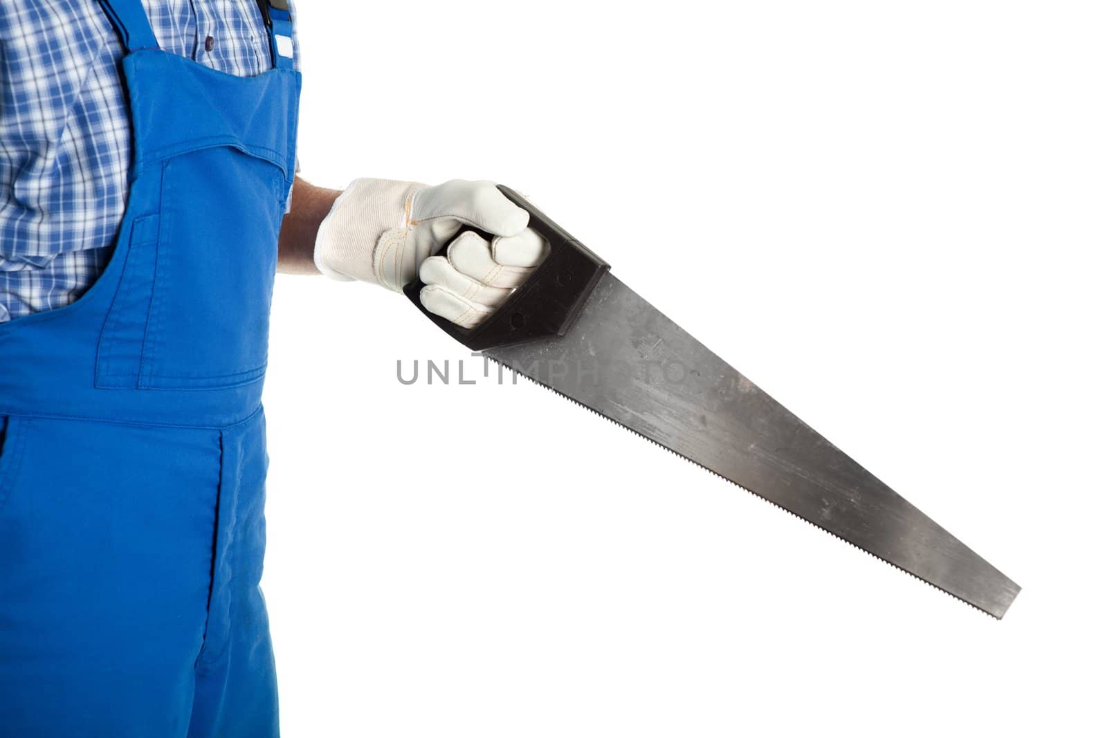 Close-up of worker cutting with saw. Isolated on white