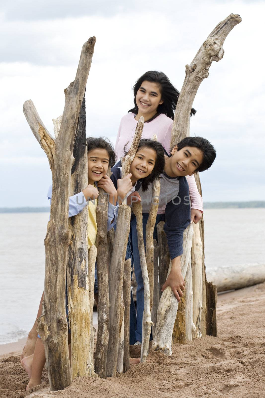 Four siblings by the lakeshore in summer, standing against dirftwood fencing by jarenwicklund