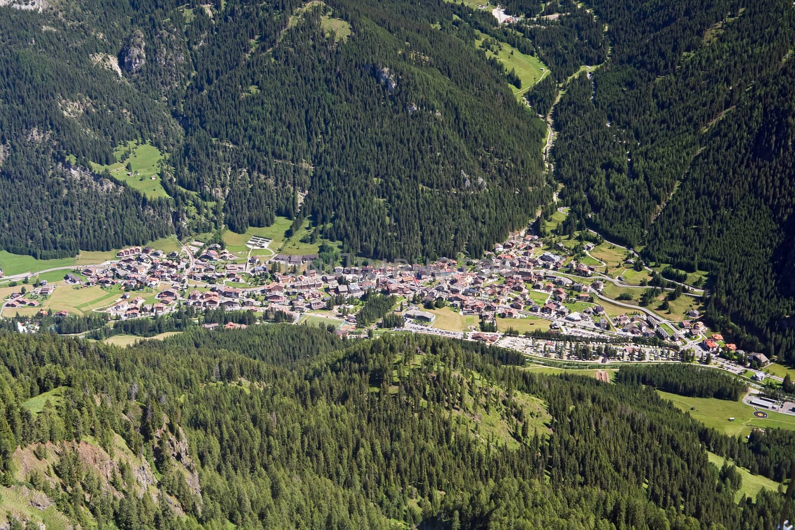 Aerial view of Canazei a famous small town in val di  Fassa, Trentino, Italy