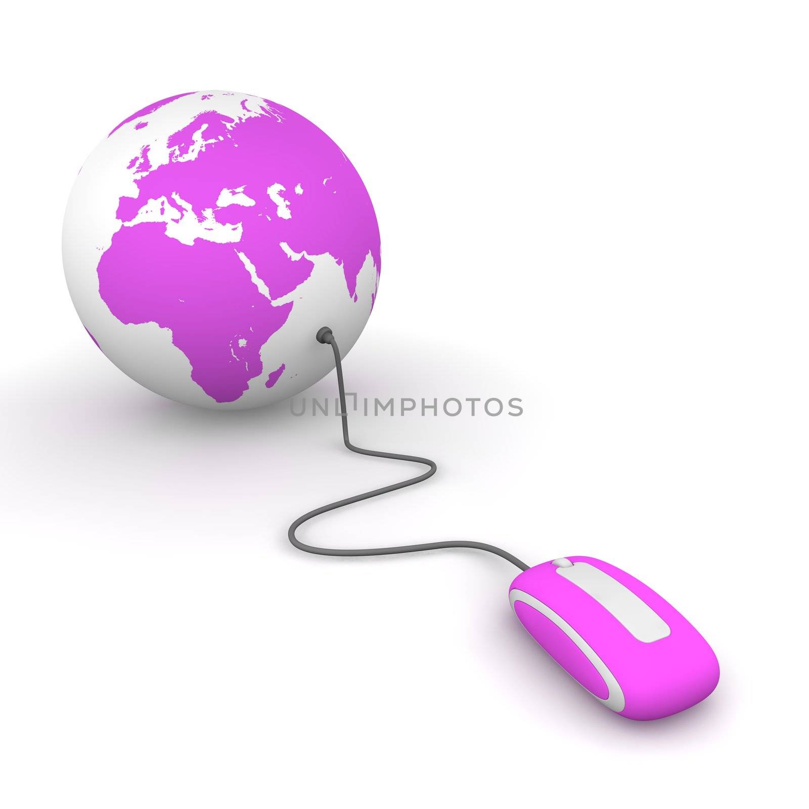 purple computer mouse connected to a purple globe