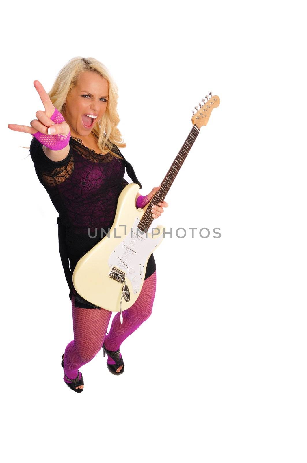 a very attractive blonde woman with a guitar on a white background