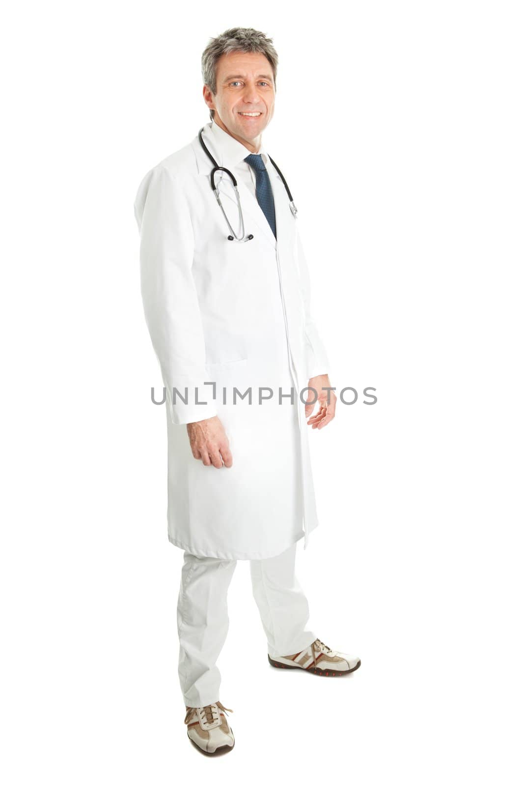 Smiling medical doctor man with stethoscope. Isolated on white