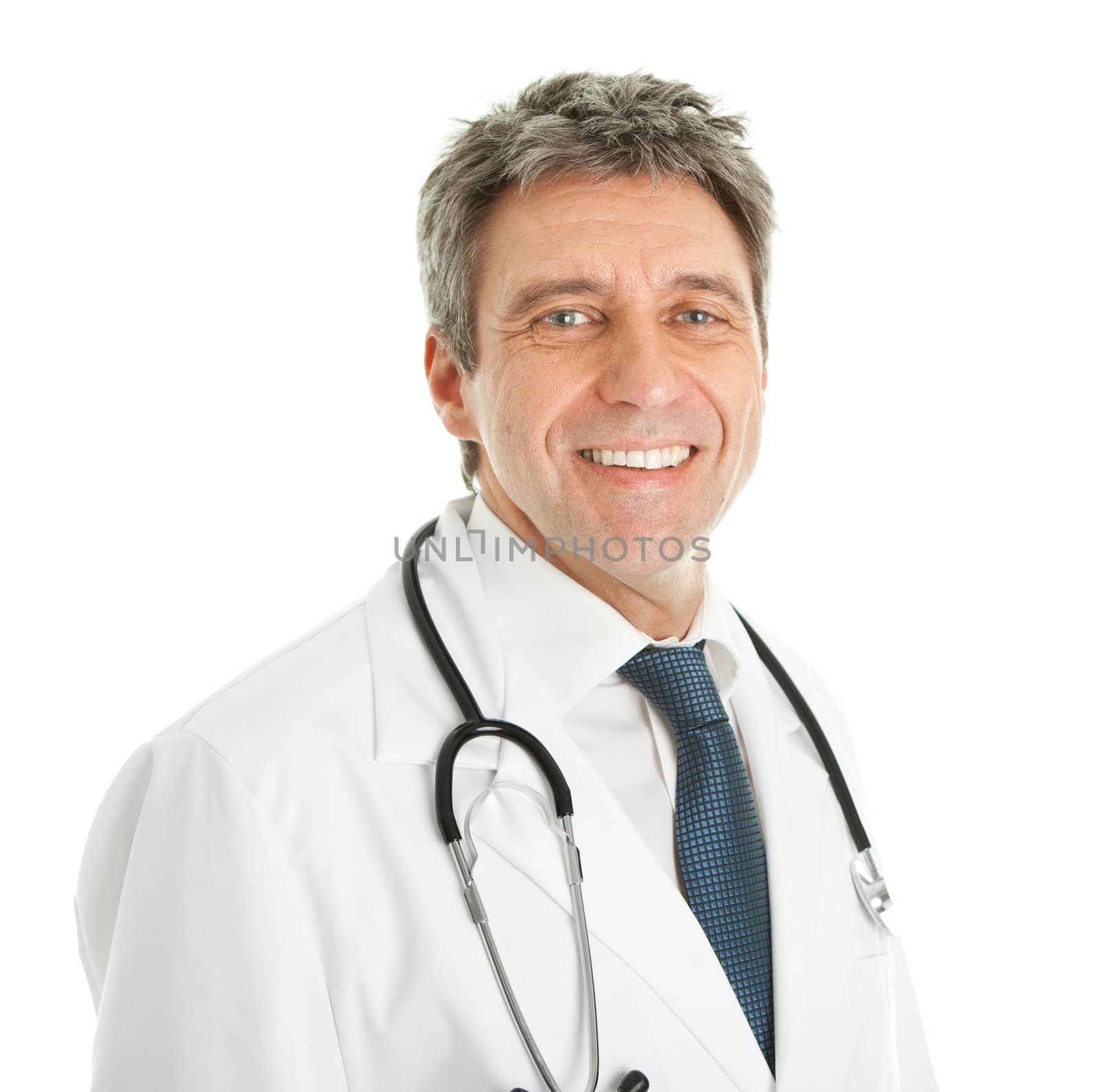 Smiling medical doctor man with stethoscope. Isolated on white