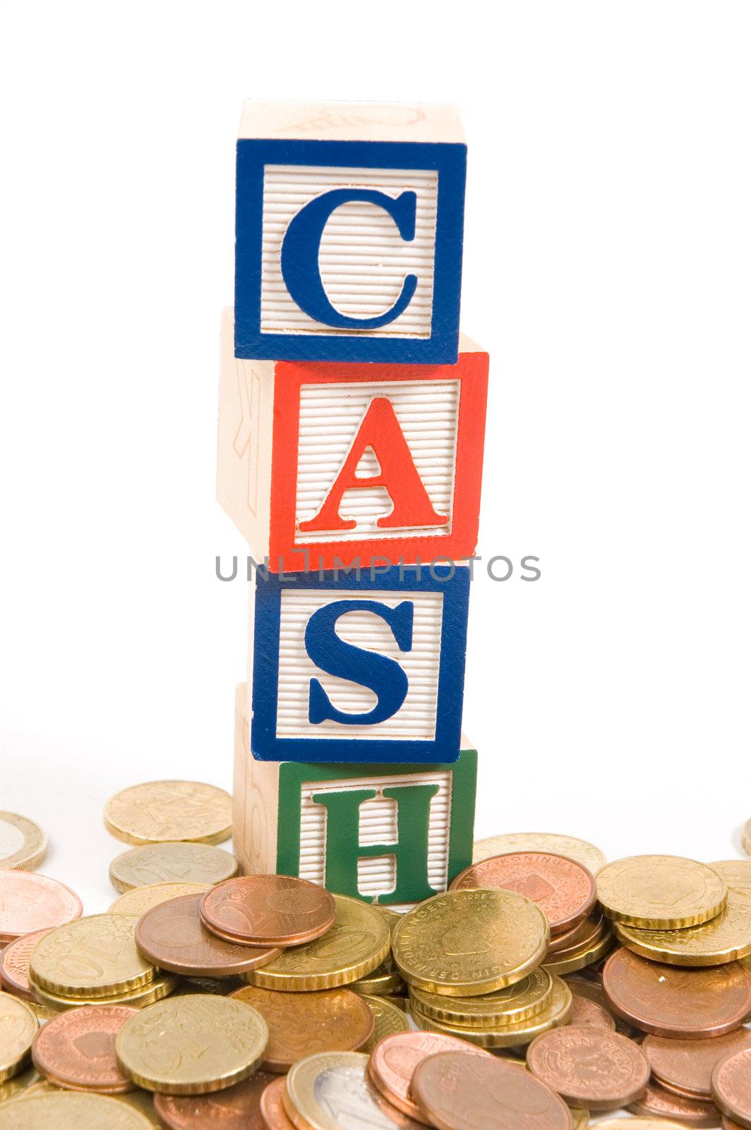 Euro coins with cash on blocks isolated on a white background 
