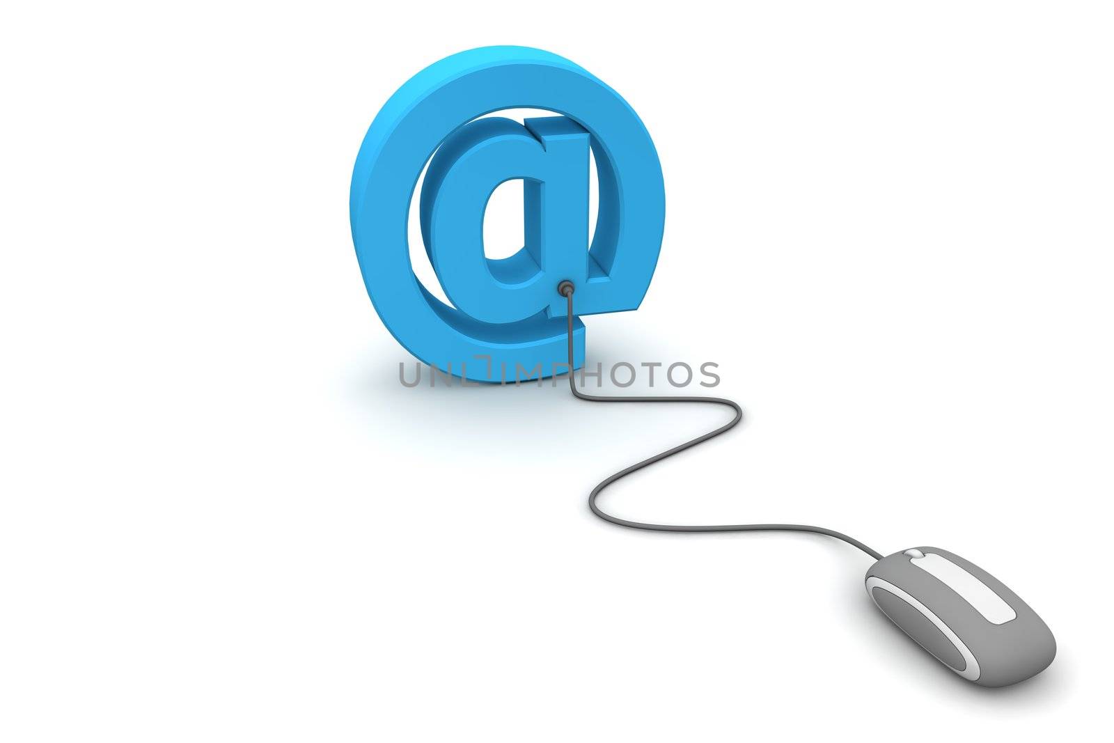 modern grey computer mouse connected to the blue AT e-mail symbol