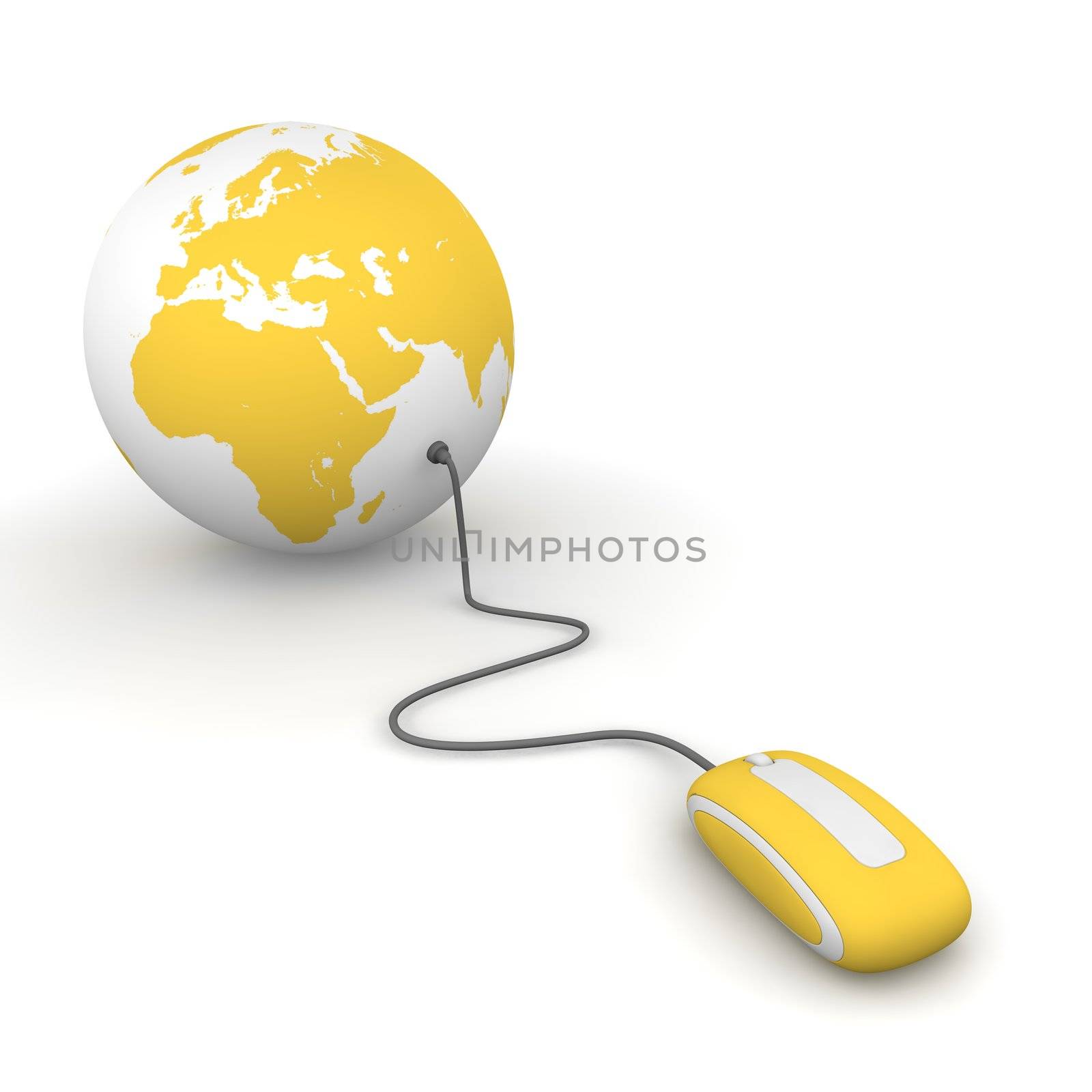 yellow computer mouse connected to a yellow globe