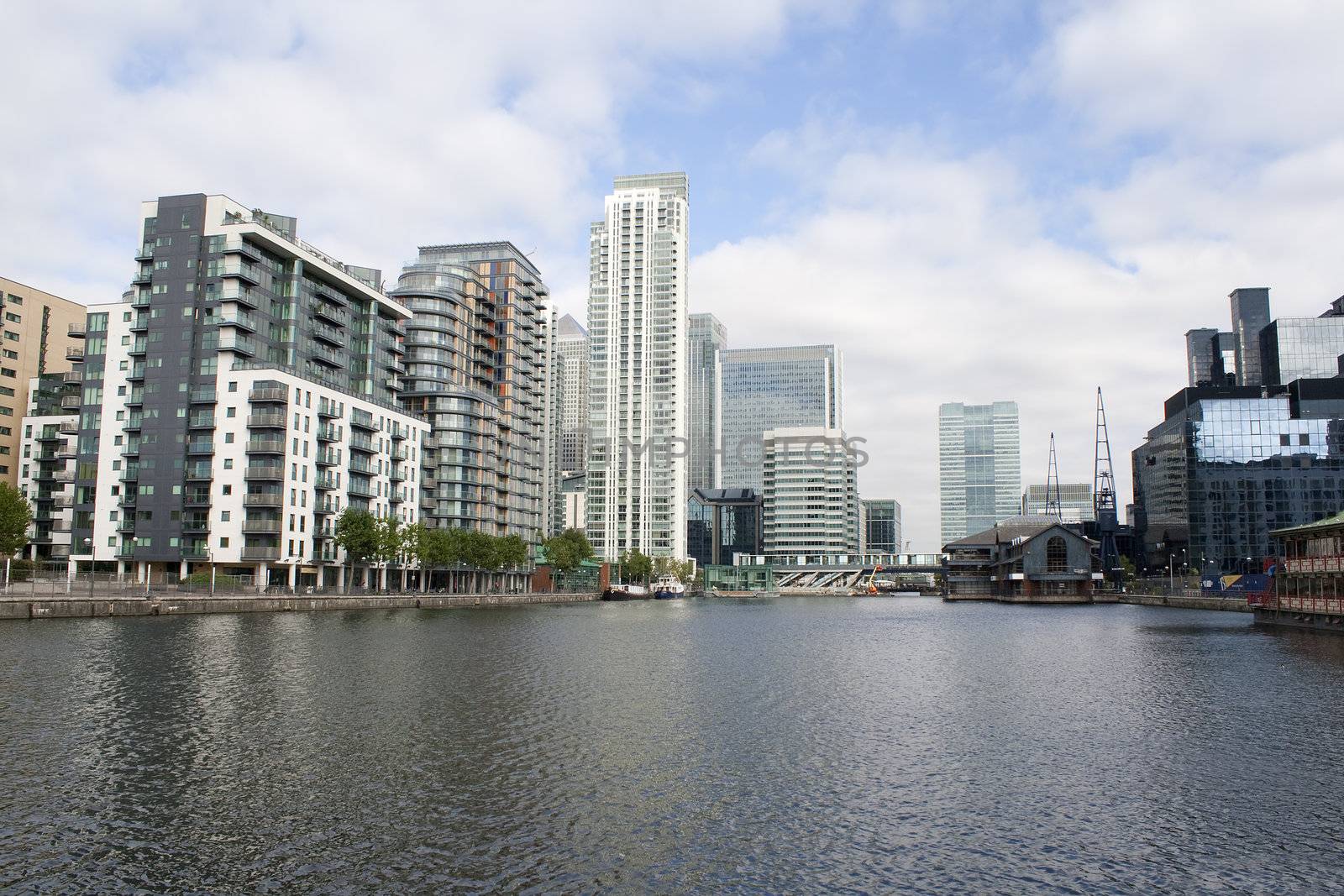 A view of Canary Wharf from the Isle of Dogs canals