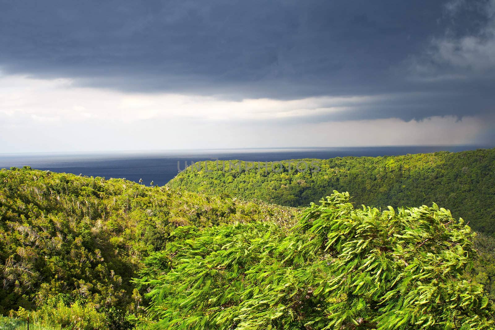 Tropical valley with the sea in the background and a stormy sky