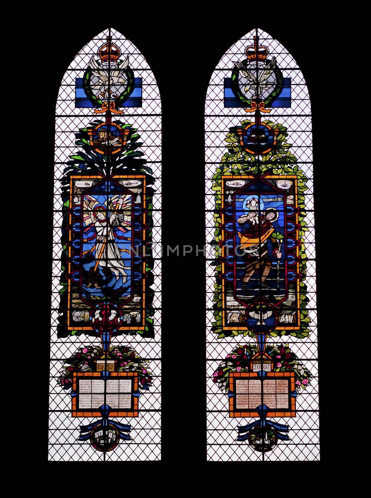 Colored glass windows in the Salisbury  Cathedral isolated on black