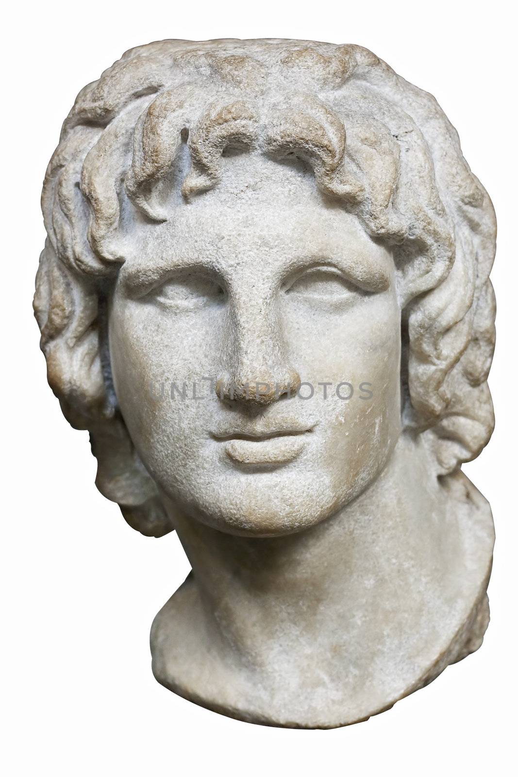 Bust of Alexander the Great in white marble isolated on white