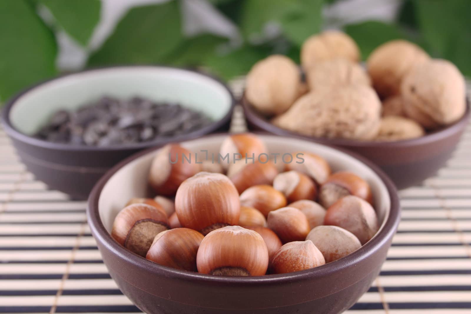 Wood nuts in a cup on a bamboo napkin against walnuts and sunflower seeds removed close up