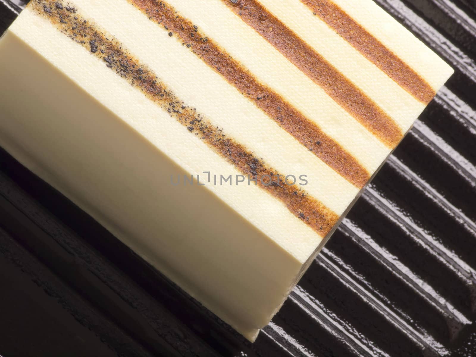 close up of a slab of tofu on a grill