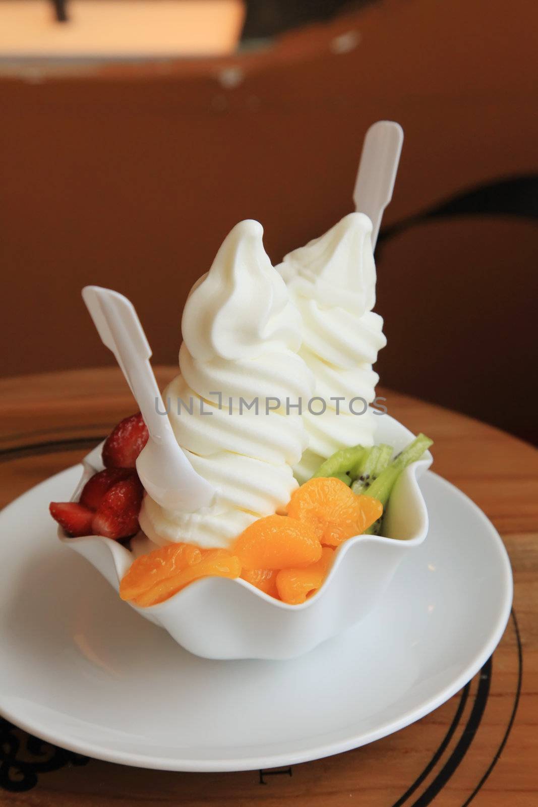 Soft Ice Cream Swirls with Colorful Mixed Fruits