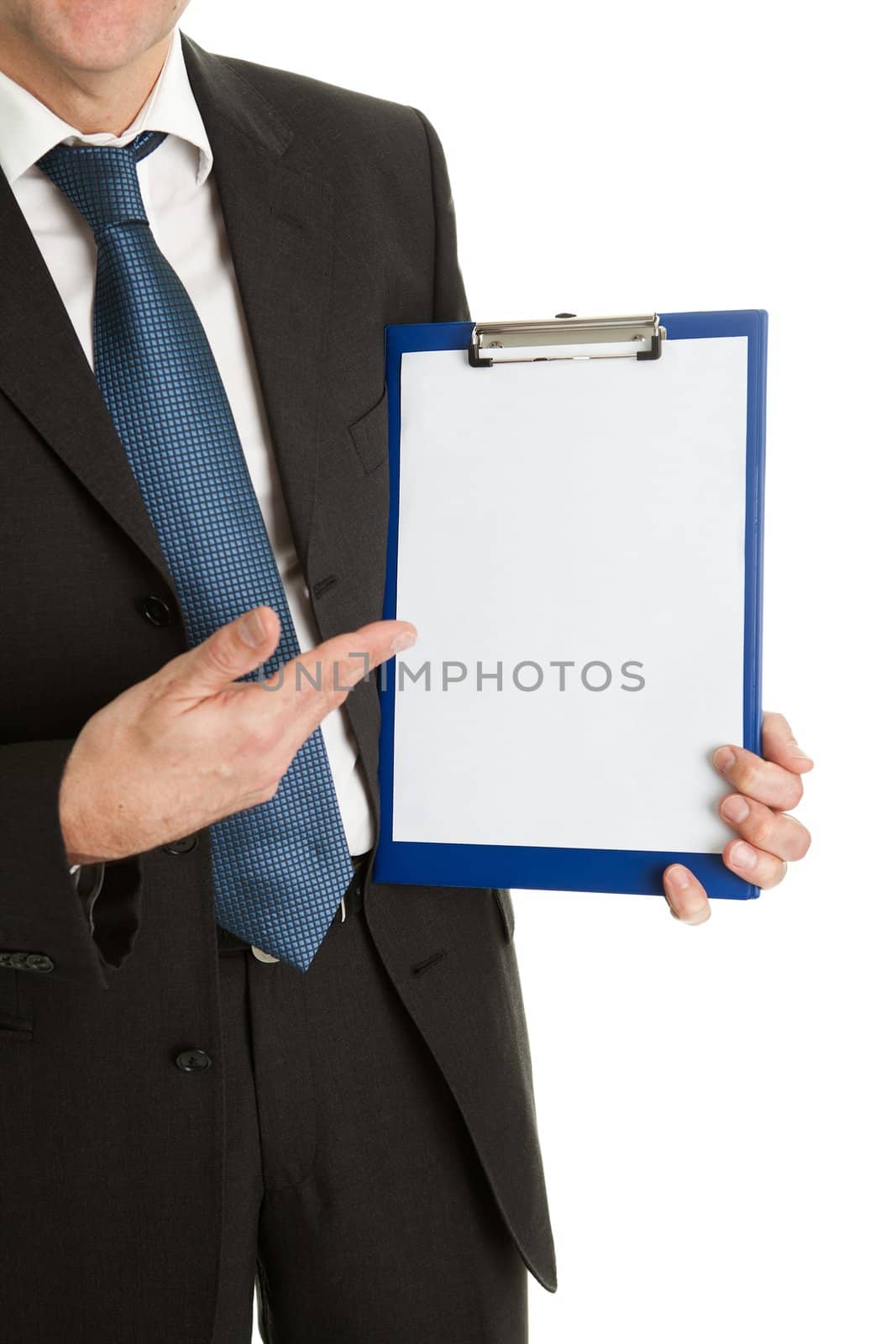 Confident businessmen presenting empty document. Isolated on white