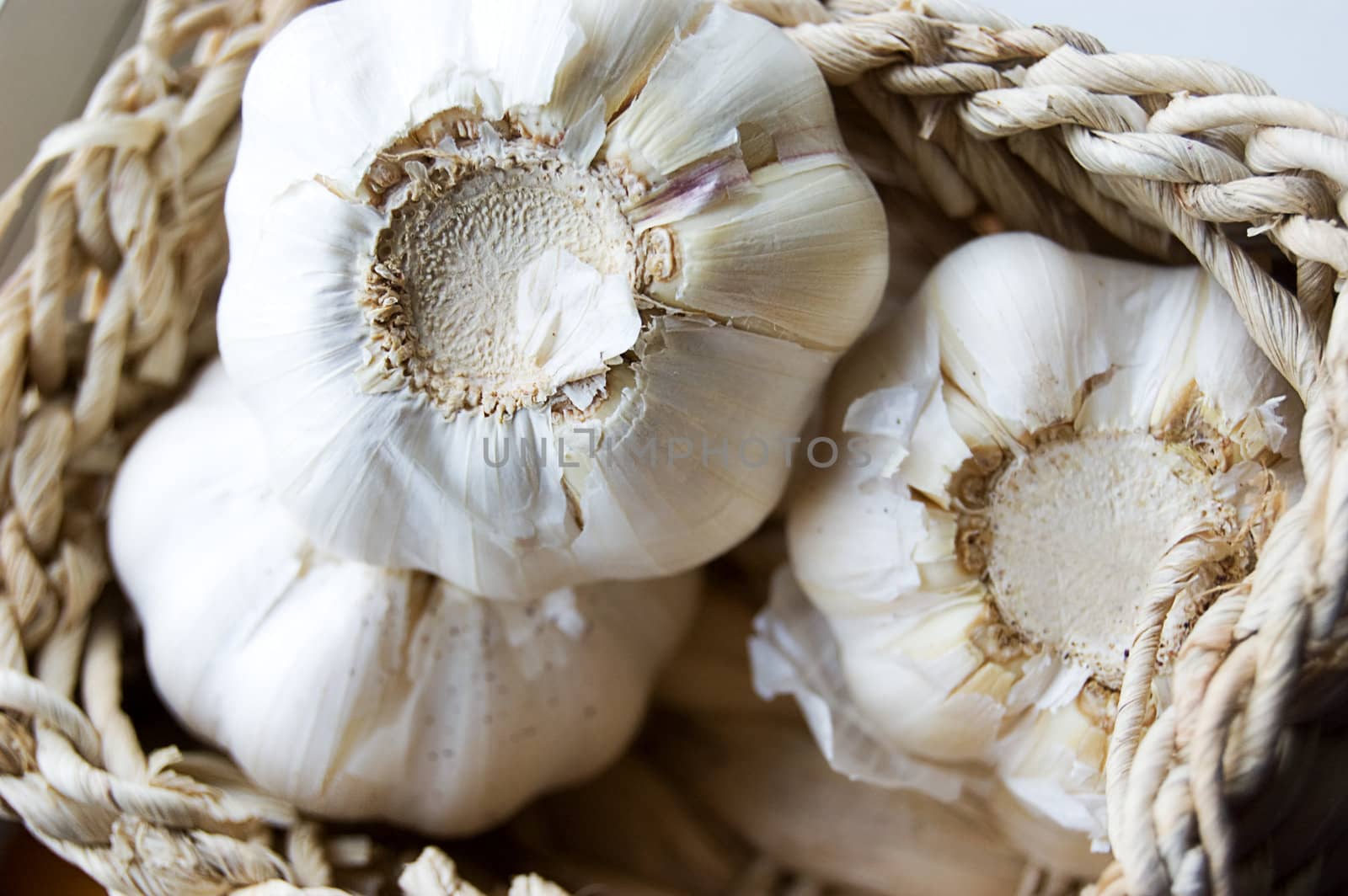 Some white garlic bulbs in basket