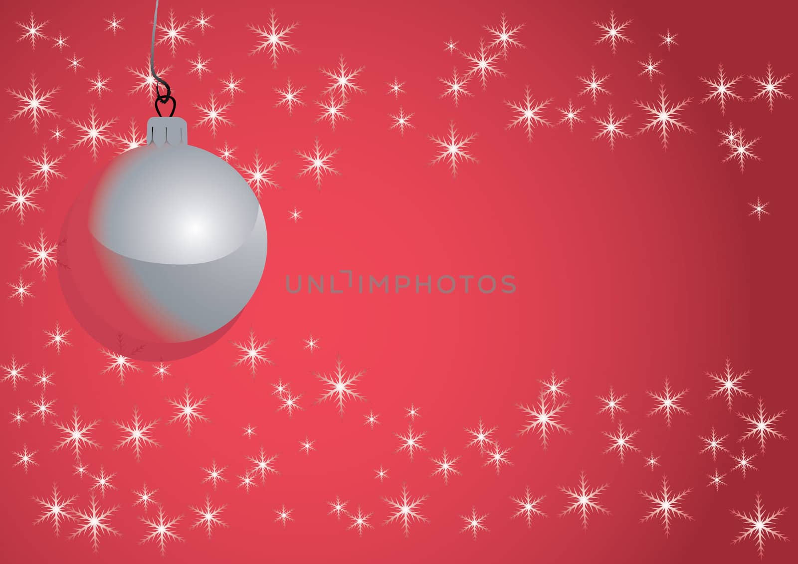 Christmas ball hanging on red background with snowflakes