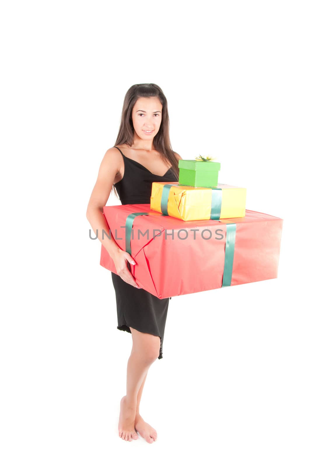 Woman with big red present box, studio shot