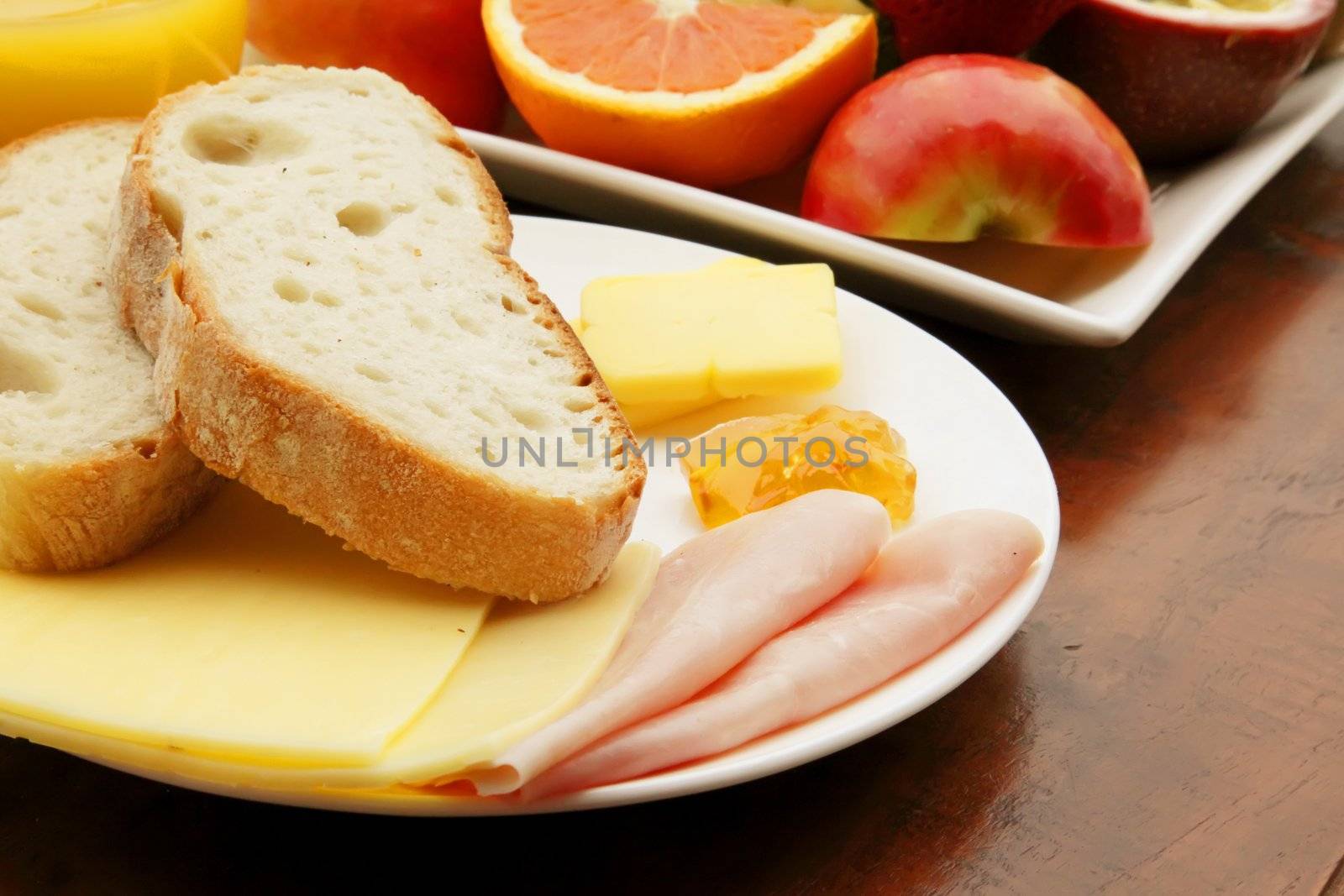 Breakfast Meal with Bread Ham and Cheese