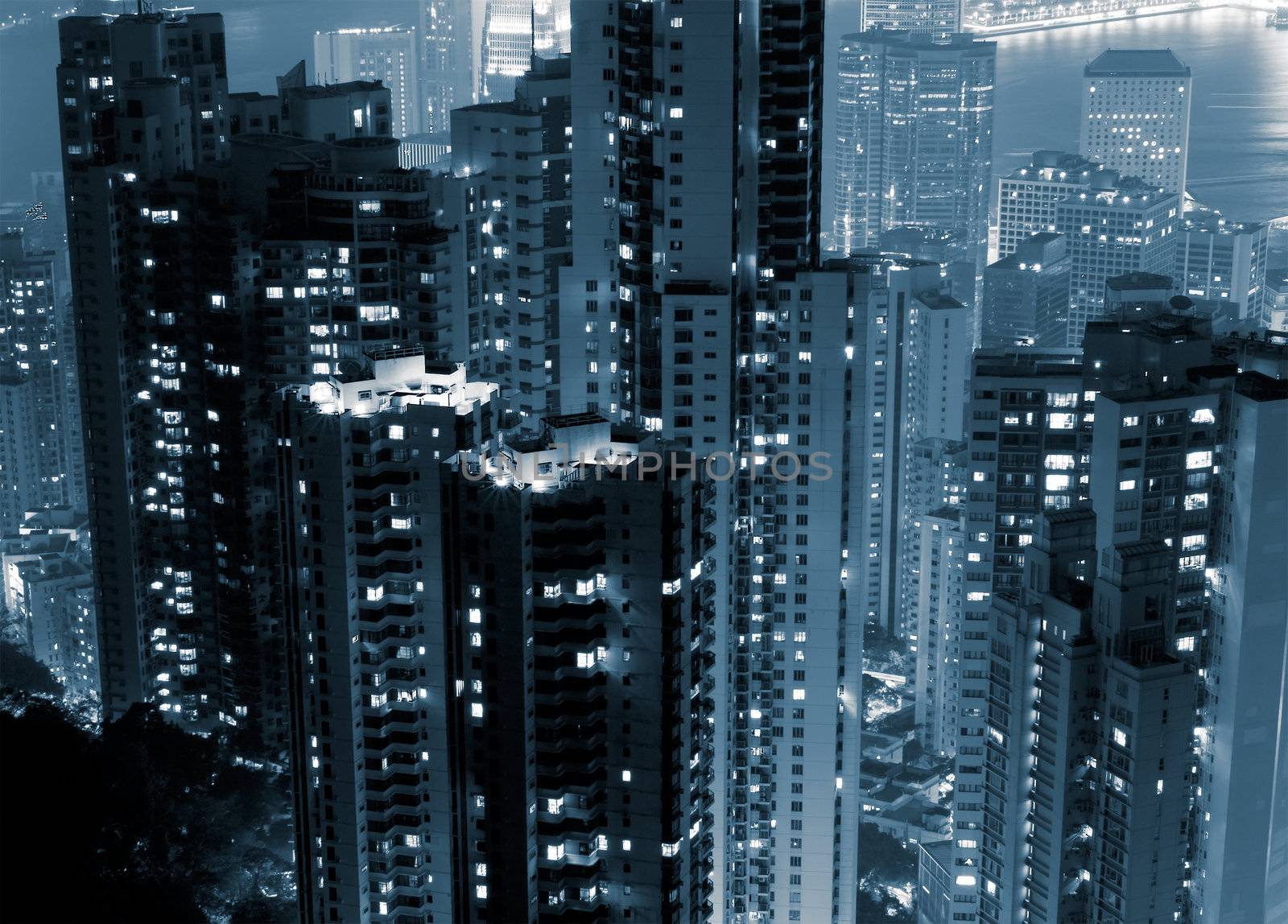 Night scenes of modern skyscraper in Hong Kong.