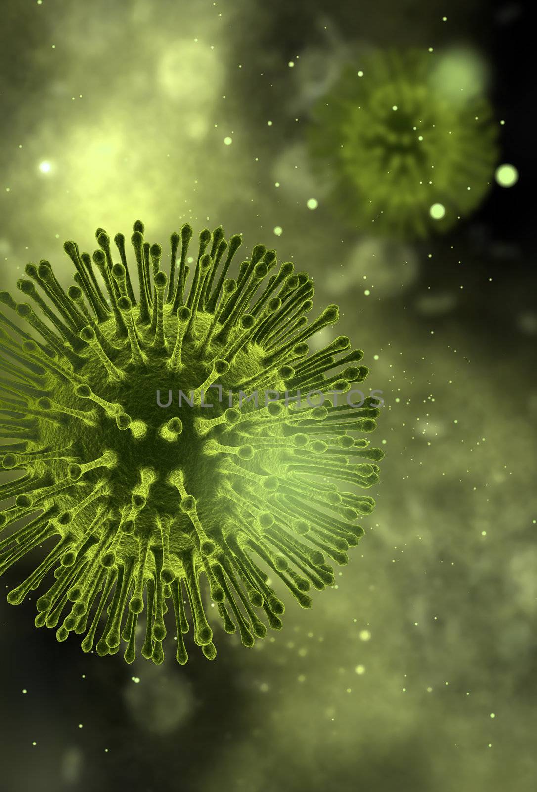 Virus macro view with bacteria background CGI
