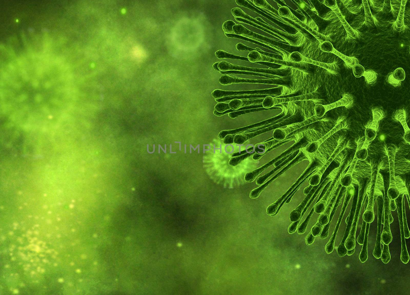 Flu virus closeup on green with bacteria background