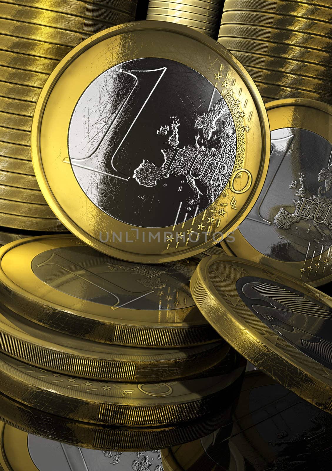 Standing euro coins with mirror pattern and coins column in background