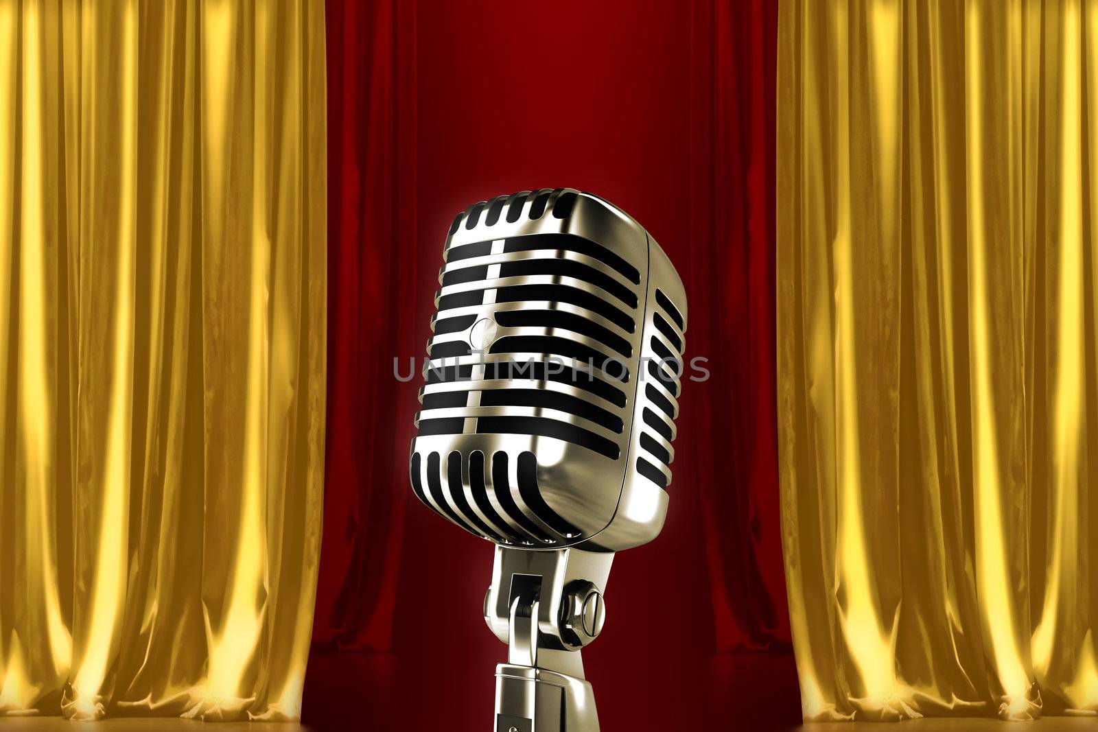 Glowing microphone on stage with red gold curtains