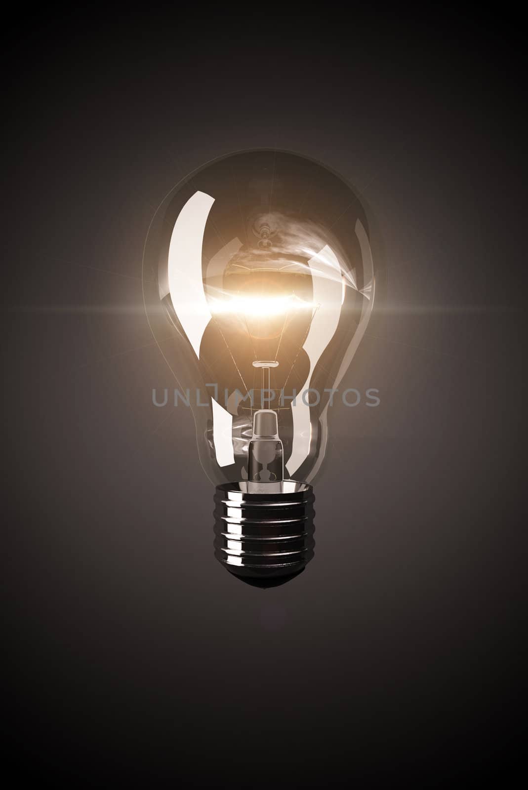 Shining clear light bulb on black background with flare