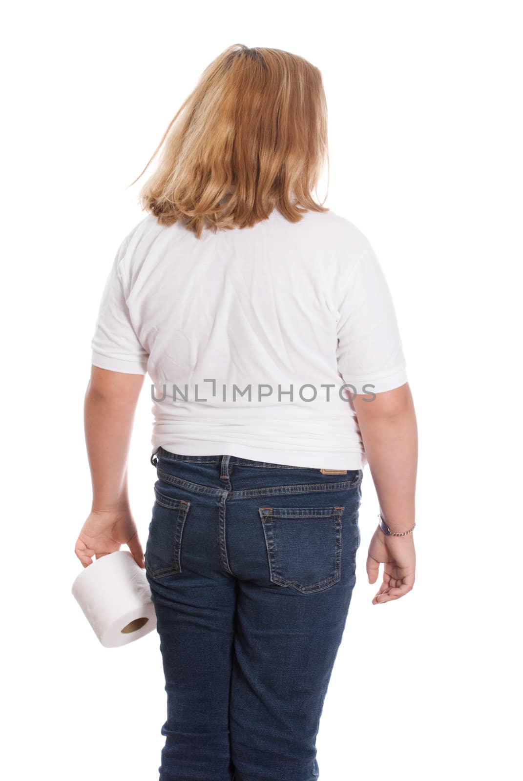 A young girl holding the toilet paper and walking away from the camera, isolated against a white background