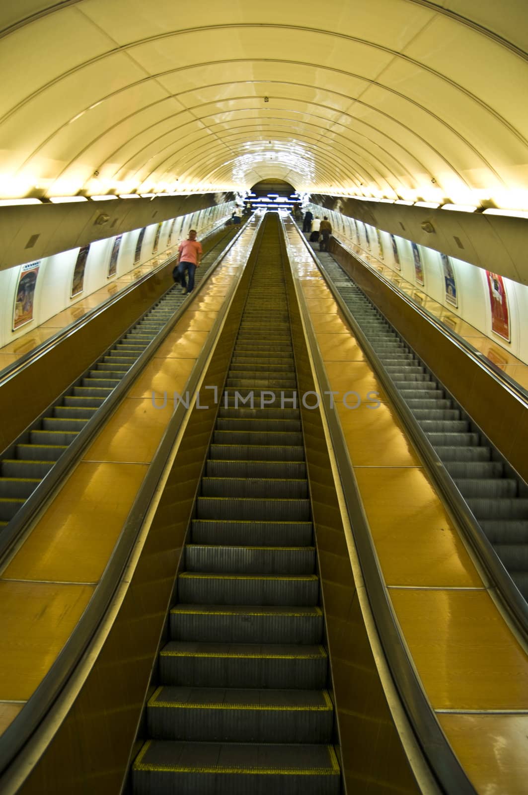 motion blur of the high escalators of the subway in Prague