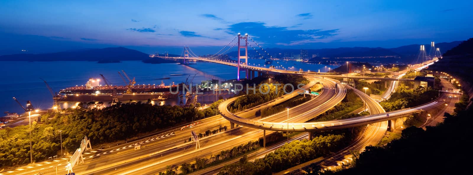 Beautiful panoramic night scenes of Tsing Ma Bridge in Hong Kong.