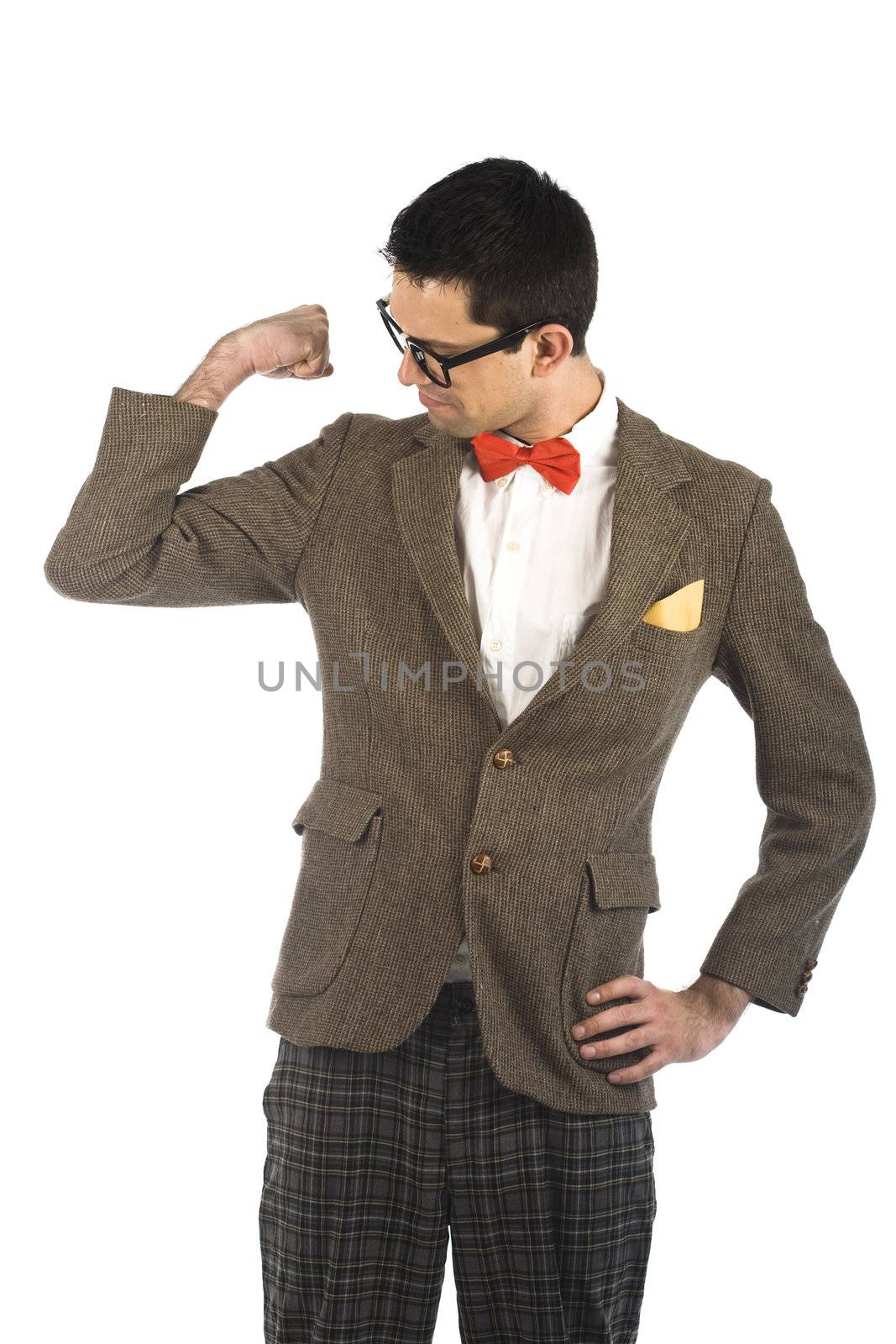 A young, caucasian nerd, showing off muscles, isolated on a white background.