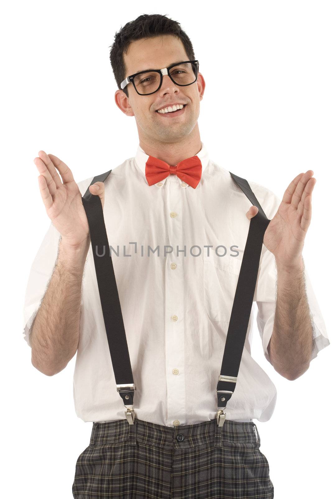 A young, caucasian nerd, isolated on a white background.