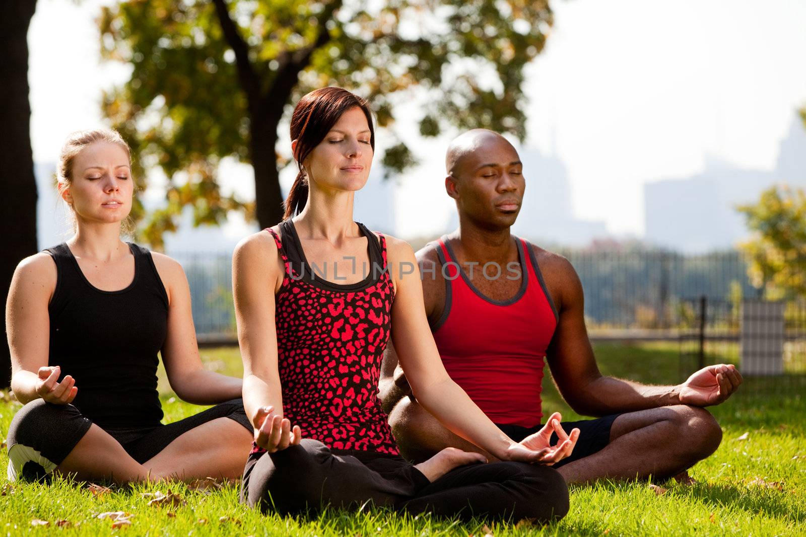 A group of people doing yoga in a city park